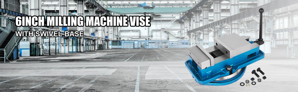 6-inch milling machine vise with swivel base and accessories in factory setting.