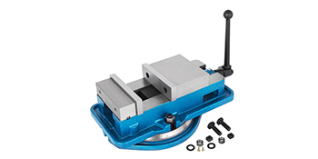 blue VEVOR milling vise with handle and mounting hardware on white background.