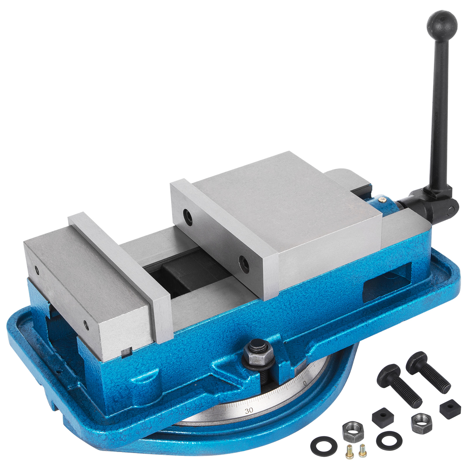 VEVOR milling vise with blue base and accessories including screws and nuts.
