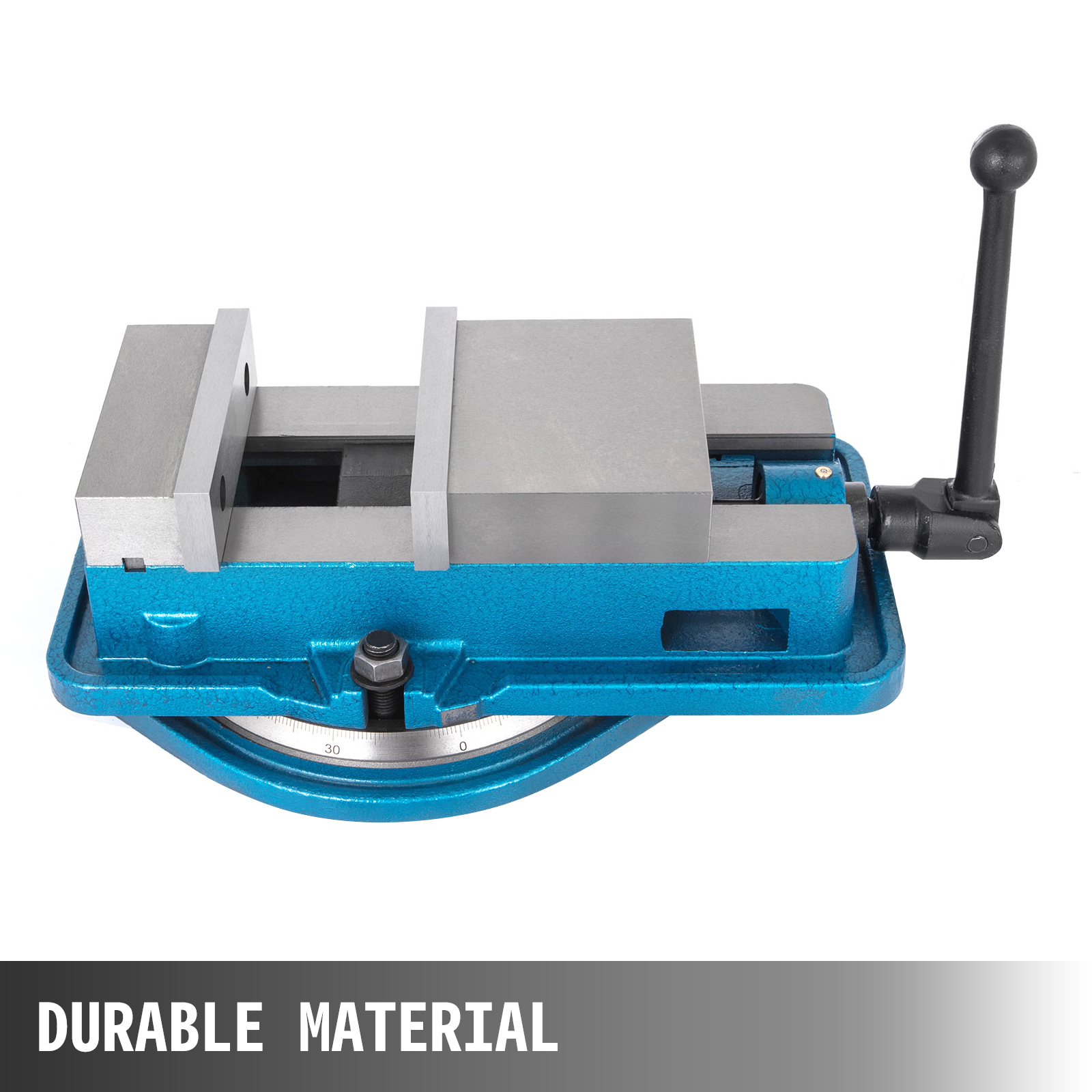 VEVOR milling vise in blue with durable material label.