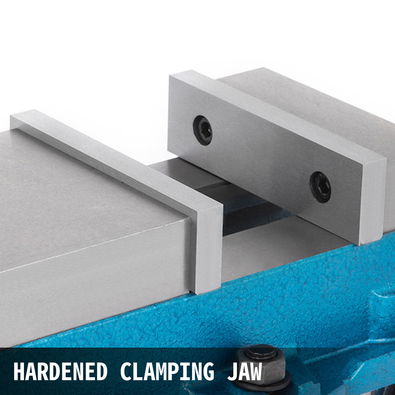 VEVOR milling vise with hardened clamping jaw on a blue base.