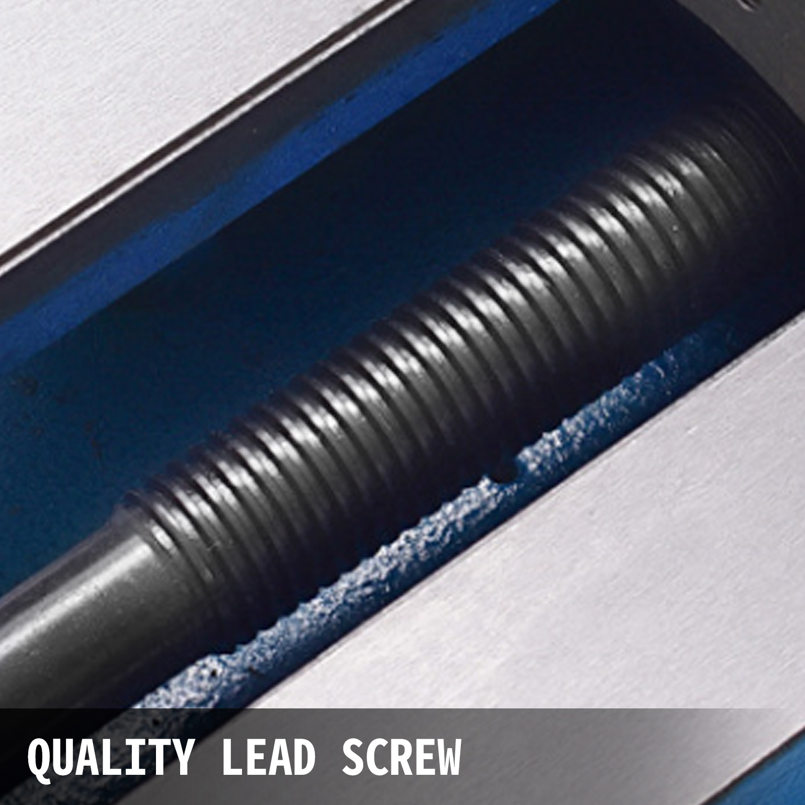 VEVOR milling vise quality lead screw close-up in a blue, metallic frame.