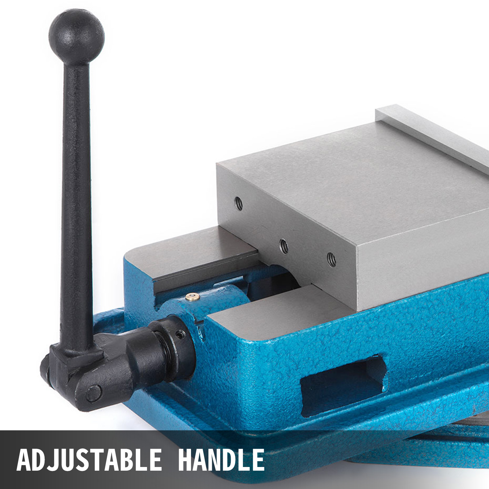VEVOR milling vise with adjustable handle in blue with metal jaws.