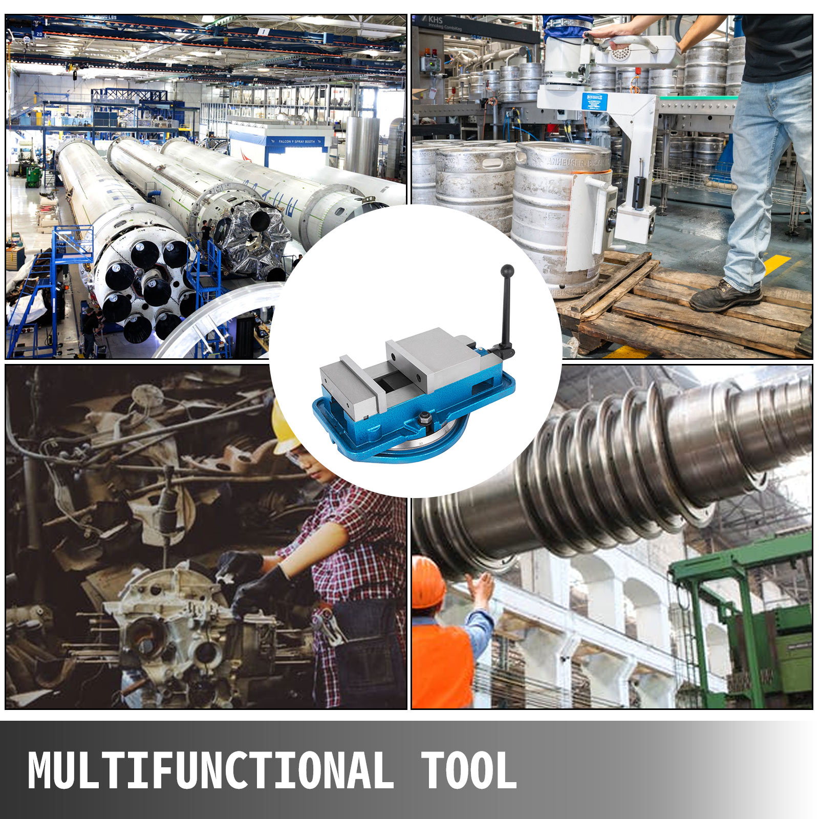 VEVOR milling vise in various industrial settings, showcasing its multifunctional use.