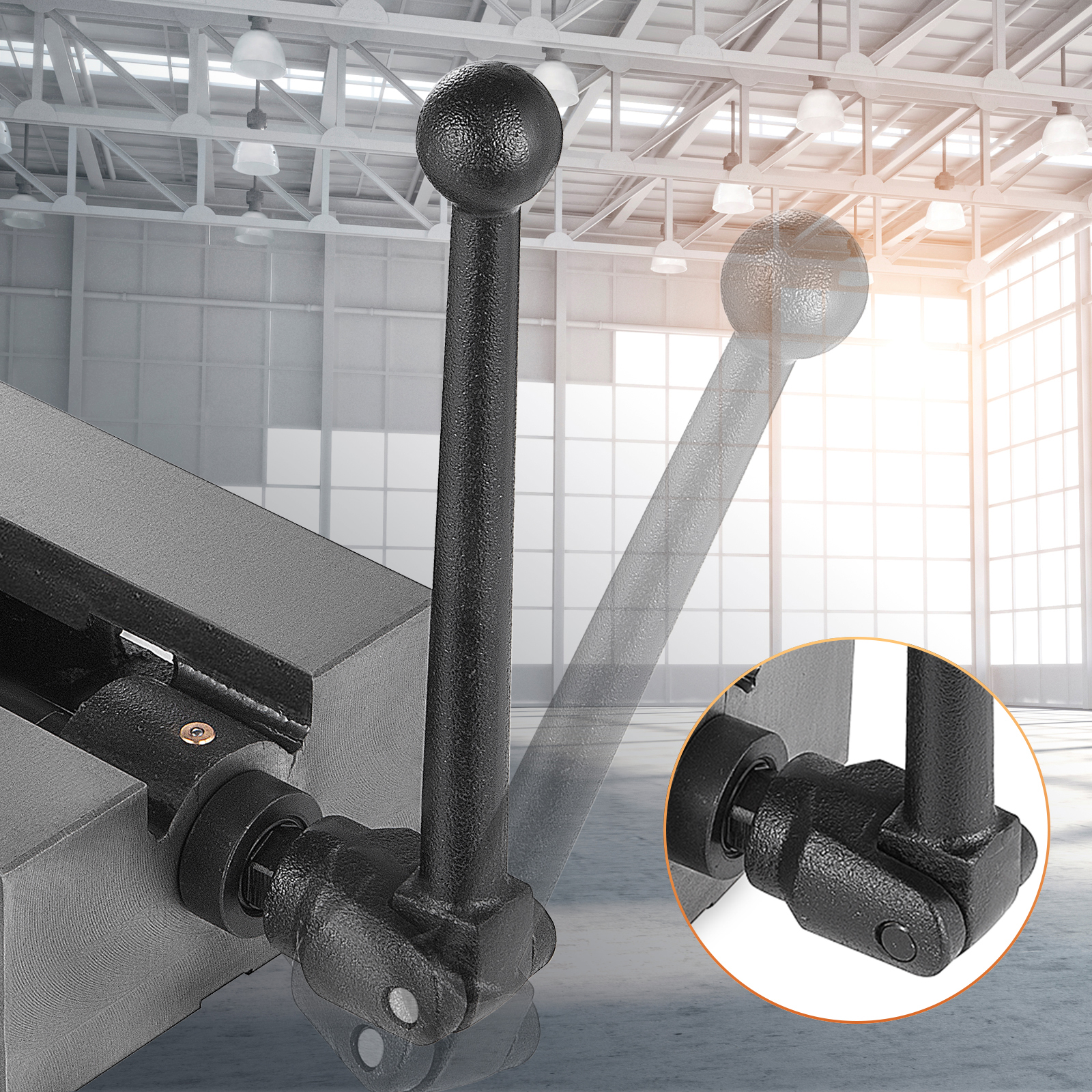 VEVOR milling vice with adjustable handle in a well-lit industrial workshop.