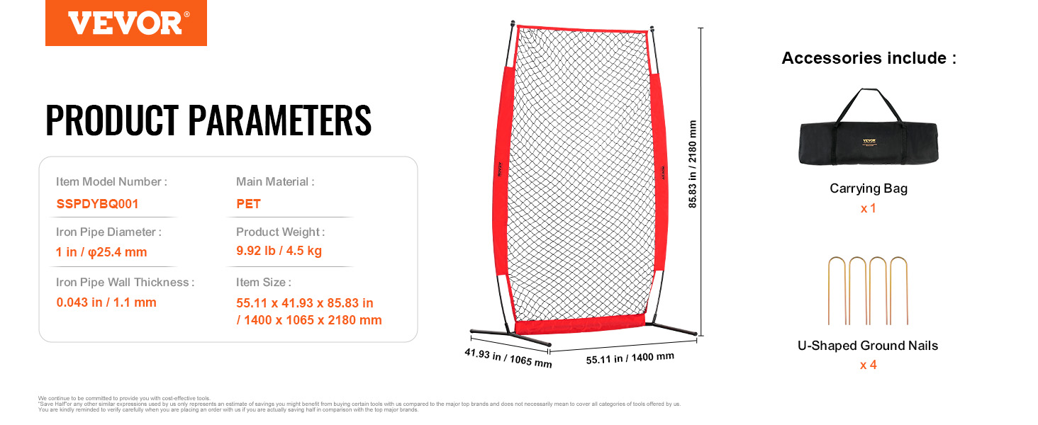 VEVOR batting cage screen parameters, including item size, weight, material, and accessories like a carrying bag.