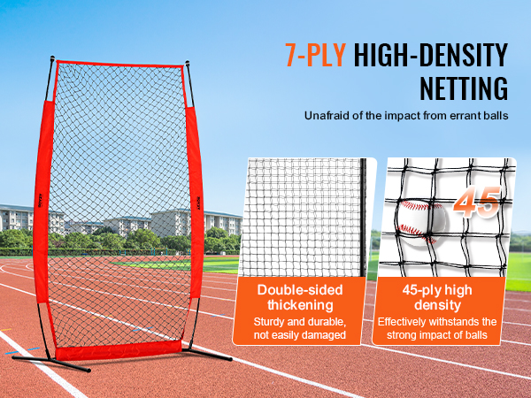 VEVOR batting cage screen with 7-ply high-density netting, 420d reinforced edging, and double stitching.