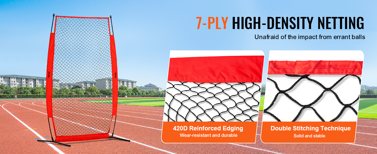 VEVOR batting cage screen with 7-ply high-density netting, 420d reinforced edging, and double stitching.