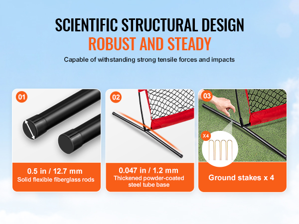 scientific structural design of VEVOR batting cage screen showcasing fiberglass rods, steel base, and ground stakes.