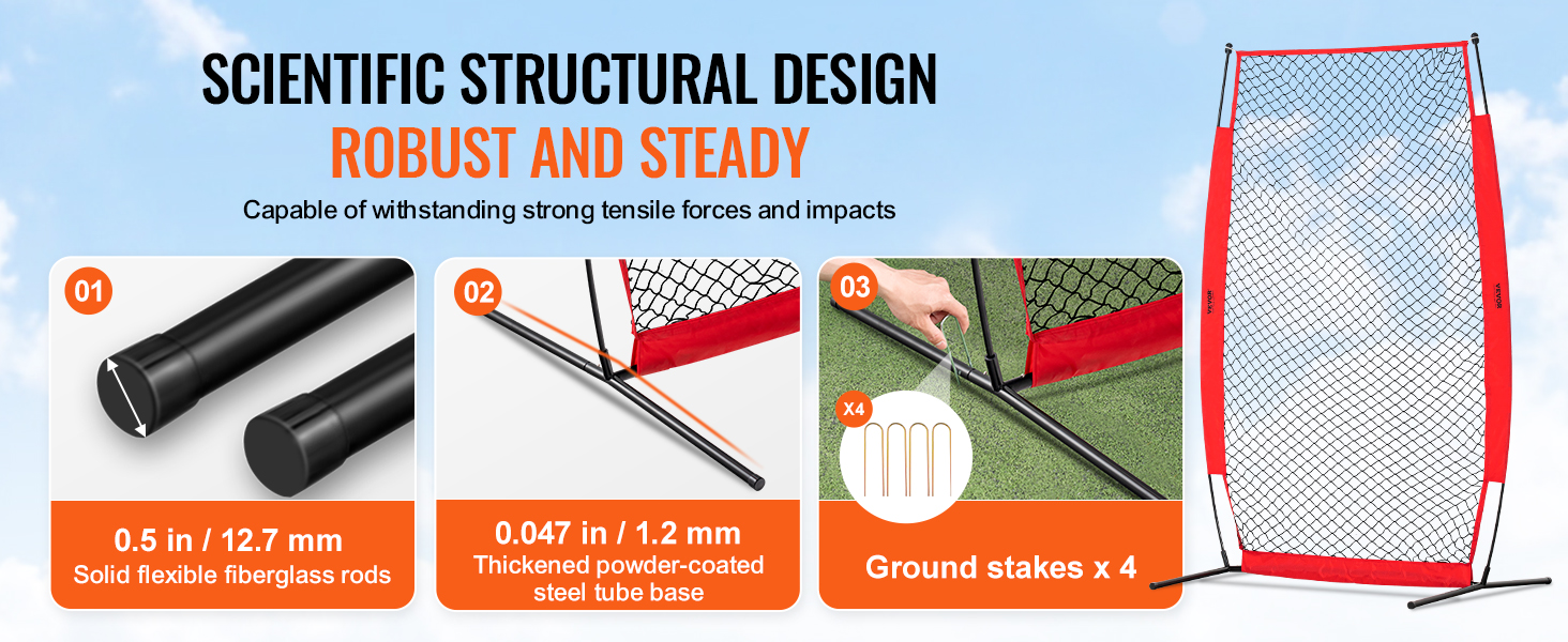 scientific structural design of VEVOR batting cage screen showcasing fiberglass rods, steel base, and ground stakes.