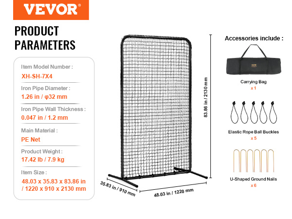 VEVOR metienu tīkls ar dzelzs rāmi, izmēri: 48,03 x 35,83 x 83,86 collas, ietilpst piederumi.