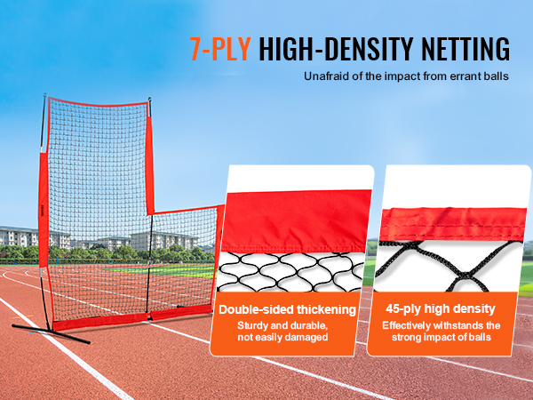 VEVOR baseball safety screen with 7-ply high-density netting, reinforced edging, and double stitching.
