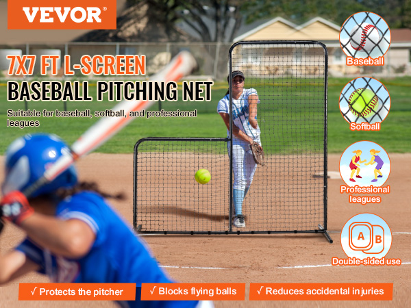 VEVOR baseball batting cage screen, double-sided 7x7 ft l-screen for pitching and player protection.