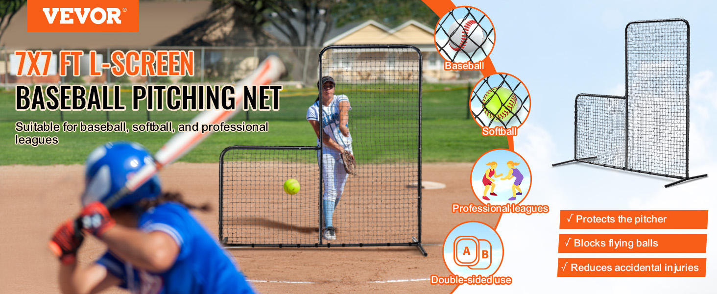 VEVOR baseball batting cage screen, double-sided 7x7 ft l-screen for pitching and player protection.