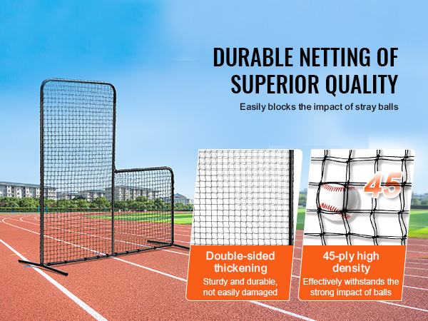 VEVOR baseball batting cage screen on track field with 45-ply high-density netting and double-sided thickening.