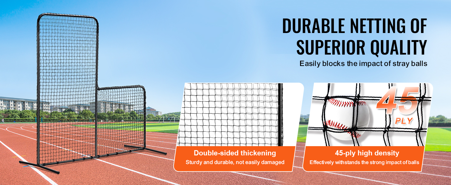 VEVOR baseball batting cage screen on track field with 45-ply high-density netting and double-sided thickening.