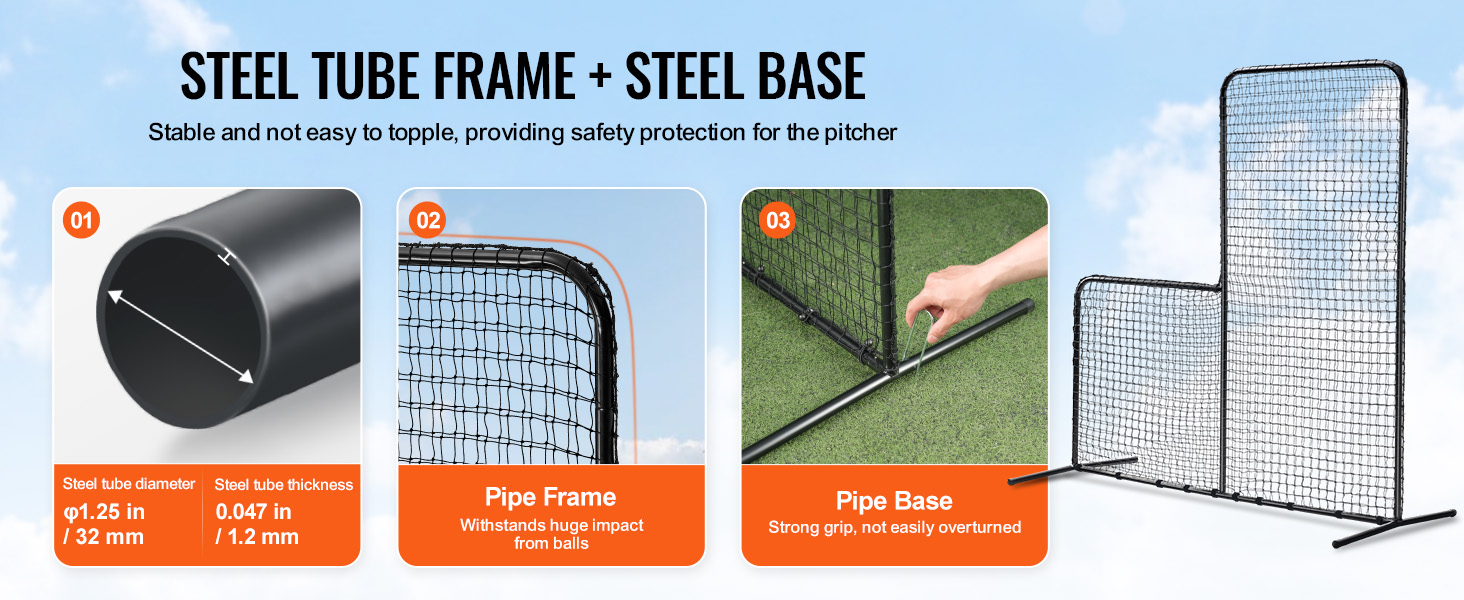 steel tube construction of the VEVOR baseball batting cage screen with sturdy pipe frame and base.