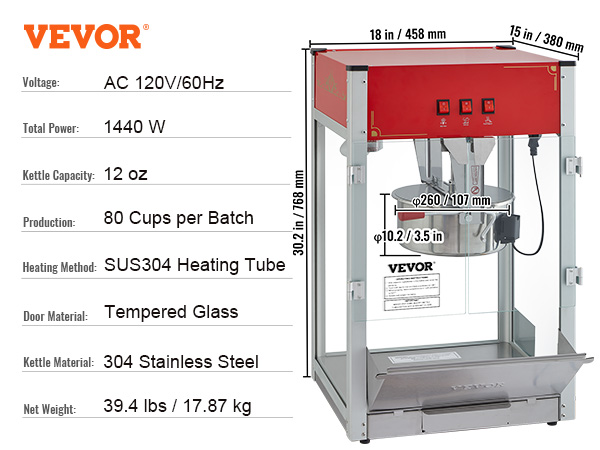 VEVOR popcorn popper machine, 1440w, 80 cups per batch, 304 stainless steel, tempered glass.