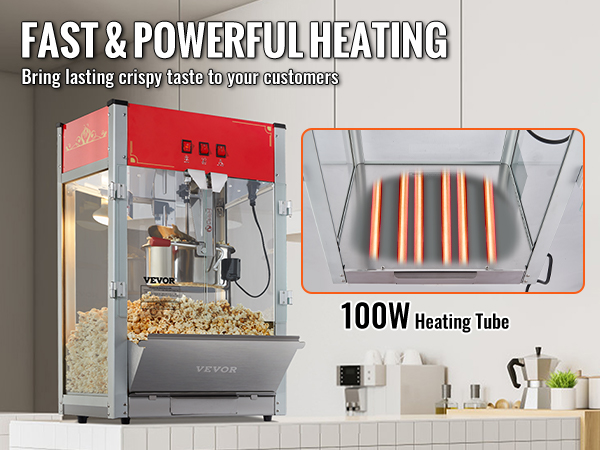 Машина для приготовления попкорна VEVOR с нагревательной трубкой мощностью 100 Вт обеспечивает быстрый и мощный нагрев, обеспечивая получение хрустящего попкорна.