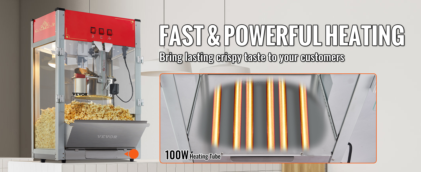 Машина для приготовления попкорна VEVOR с нагревательной трубкой мощностью 100 Вт обеспечивает быстрый и мощный нагрев, обеспечивая получение хрустящего попкорна.
