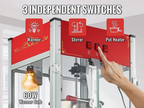 Машина для приготовления попкорна VEVOR с 3 переключателями подогрева, мешалки и кастрюли, оснащена лампой накаливания мощностью 60 Вт.