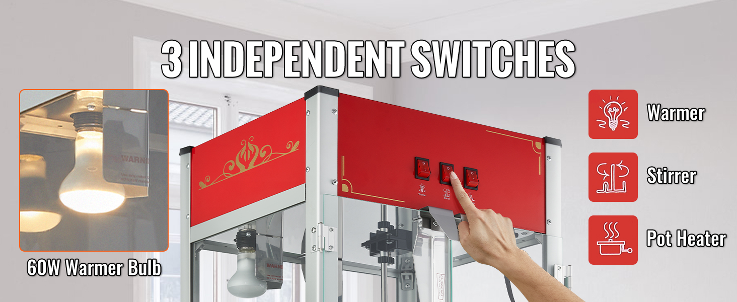 Машина для приготовления попкорна VEVOR с 3 переключателями подогрева, мешалки и кастрюли, оснащена лампой накаливания мощностью 60 Вт.