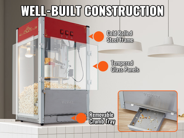 Машина для приготовления попкорна VEVOR с рамой из холоднокатаной стали, панелями из закаленного стекла и съемным поддоном для крошек.