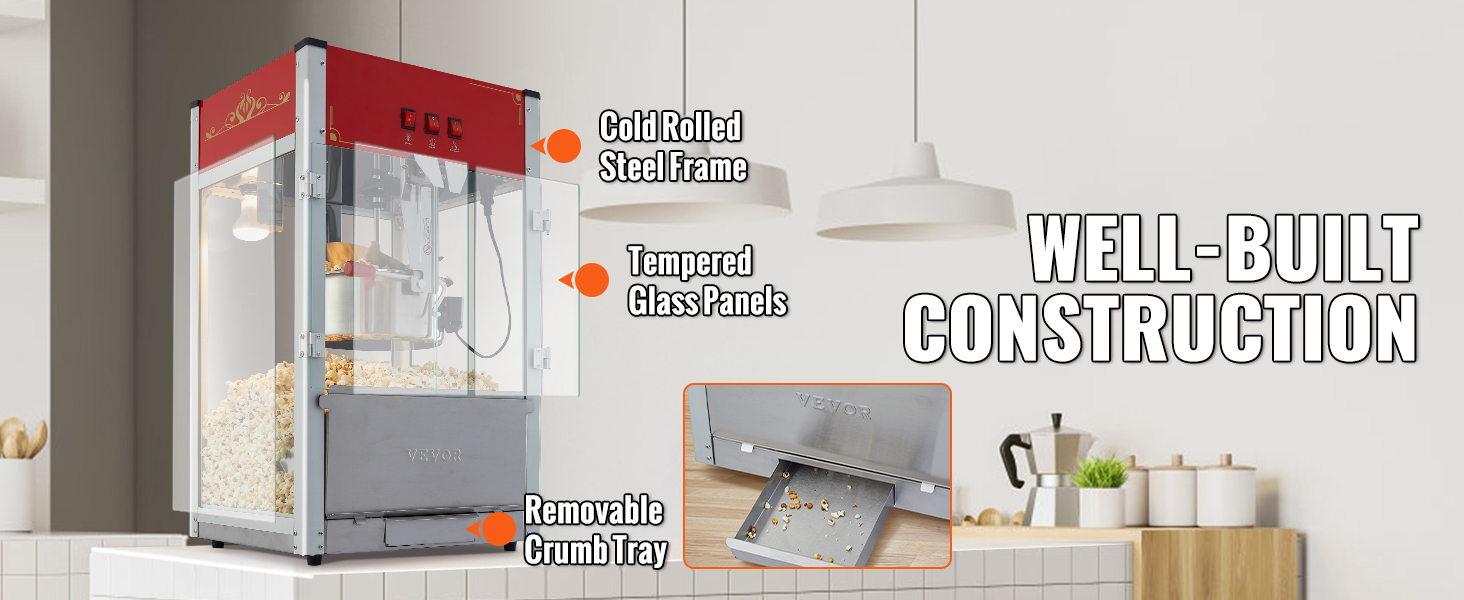 Машина для приготовления попкорна VEVOR с рамой из холоднокатаной стали, панелями из закаленного стекла и съемным поддоном для крошек.