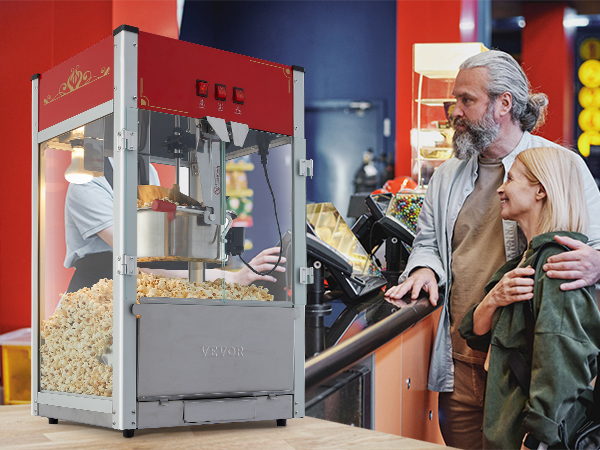 Машина для приготовления попкорна VEVOR, оформленная в ярких тонах, стоит рядом с покупателями у прилавка.