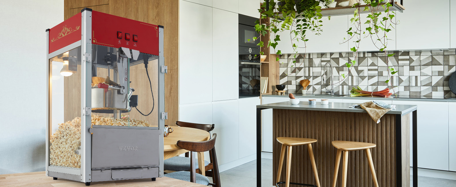 Машина для приготовления попкорна VEVOR на современной кухне с деревянными вставками и подвесными растениями.