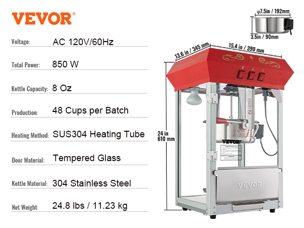 VEVOR popcorn popper machine, 850w, 8oz kettle, tempered glass, stainless steel, 48 cups per batch.
