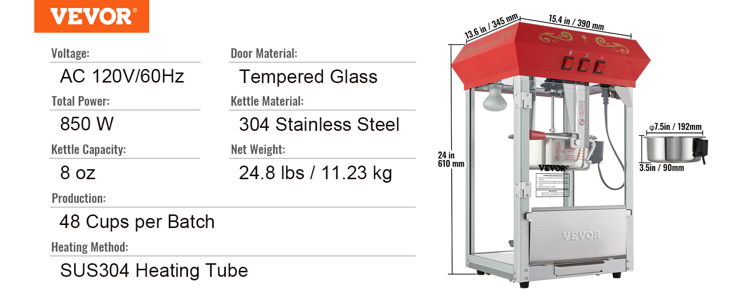 VEVOR popcorn popper machine, 850w, 8oz kettle, tempered glass, stainless steel, 48 cups per batch.