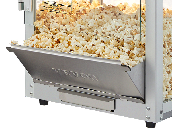 VEVOR popcorn popper machine filled with fresh, golden popcorn in a sleek stainless steel case.