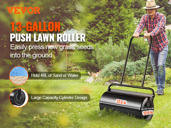 VEVOR lawn roller 13-gallon, push roller pressing grass seeds into the ground, holding 46l sand or water.