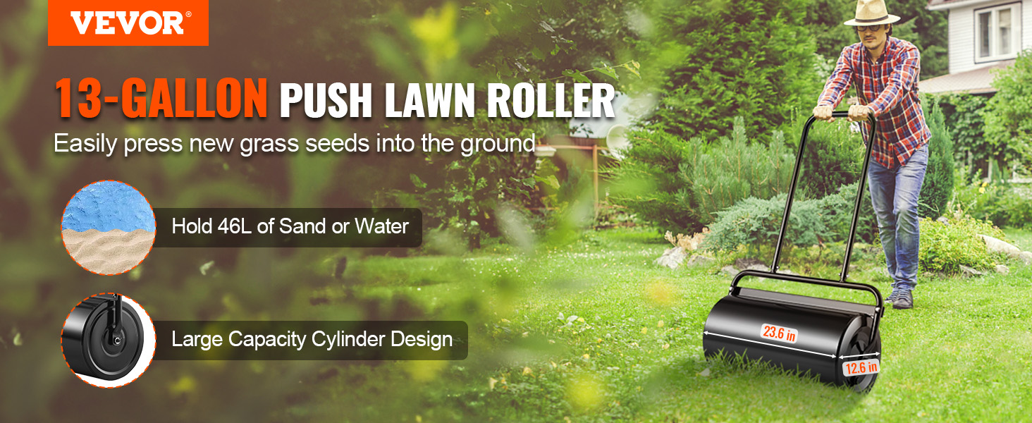 VEVOR lawn roller 13-gallon, push roller pressing grass seeds into the ground, holding 46l sand or water.