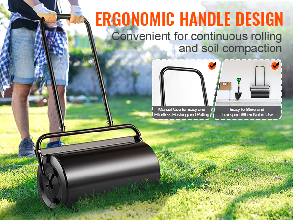 person using VEVOR lawn roller with ergonomic handle design for easy rolling and soil compaction.