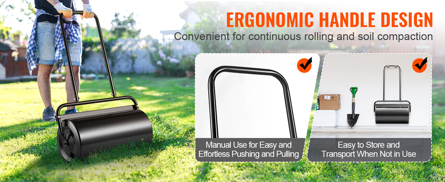 person using VEVOR lawn roller with ergonomic handle design for easy rolling and soil compaction.