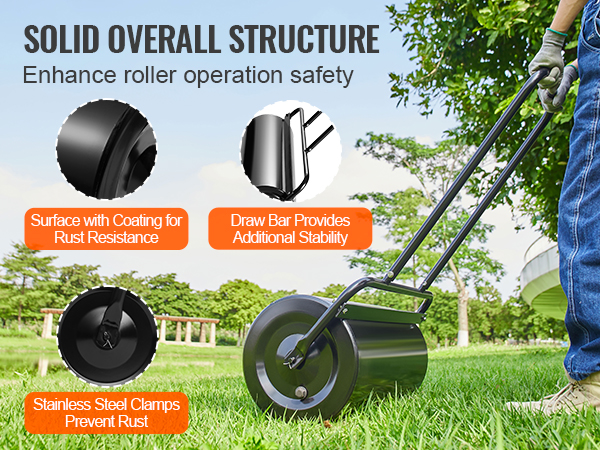 man using VEVOR lawn roller with rust-resistant coating, stainless steel clamps, and stable draw bar.