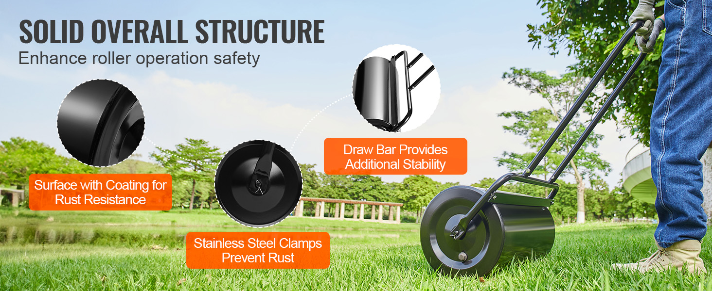 man using VEVOR lawn roller with rust-resistant coating, stainless steel clamps, and stable draw bar.