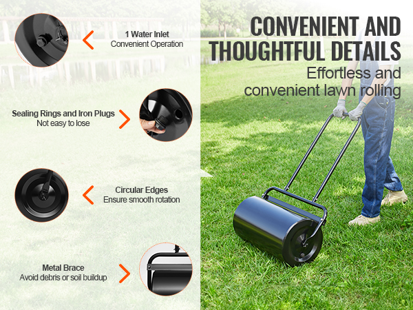 person rolling lawn with a VEVOR lawn roller, highlighting features like water inlet and sealing rings.