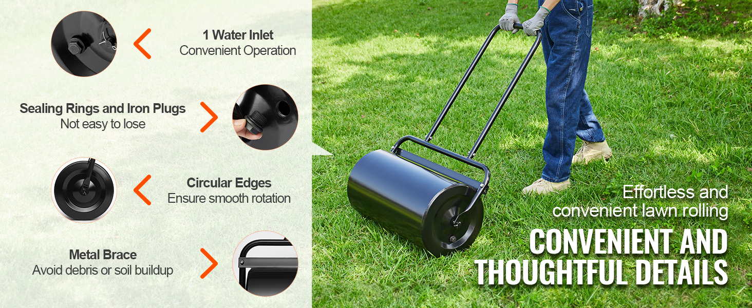 person rolling lawn with a VEVOR lawn roller, highlighting features like water inlet and sealing rings.