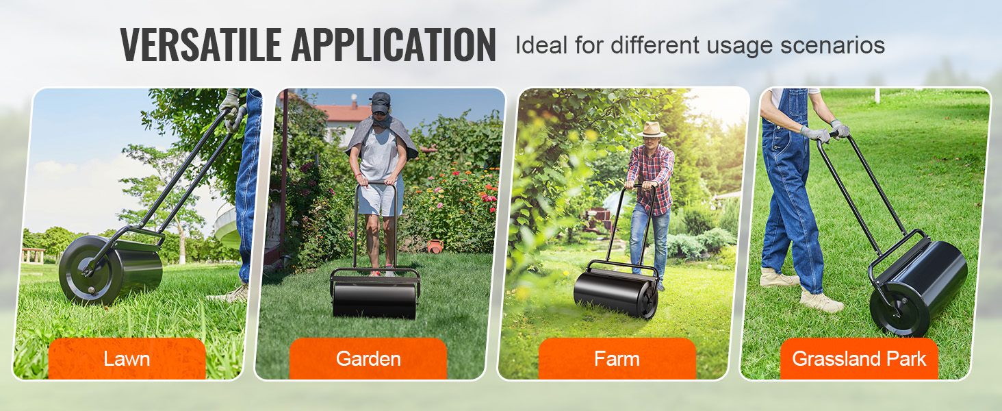 VEVOR lawn roller for versatile applications in lawn, garden, farm, and grassland park settings.