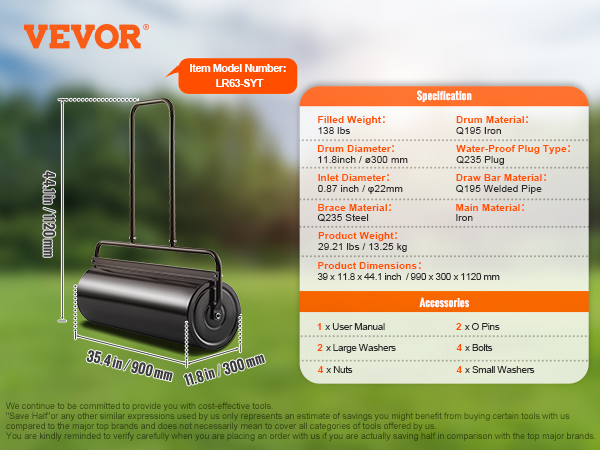VEVOR lawn roller with 11.8-inch q195 drum, 35.4-inch width, filled weight 138 lbs, includes various accessories.