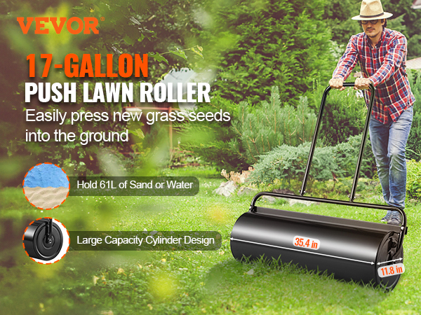 VEVOR lawn roller 17-gallon capacity, easily press grass seeds, holds 61l sand or water, large cylinder design