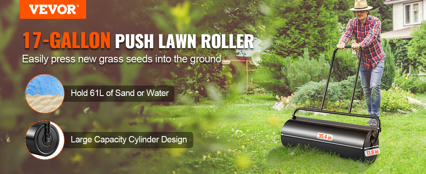 VEVOR lawn roller 17-gallon capacity, easily press grass seeds, holds 61l sand or water, large cylinder design