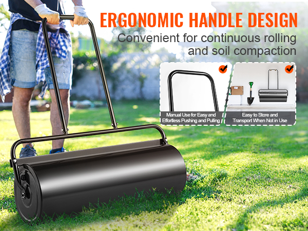 man pushing VEVOR lawn roller on grass, highlighting ergonomic handle for easy push and pull.