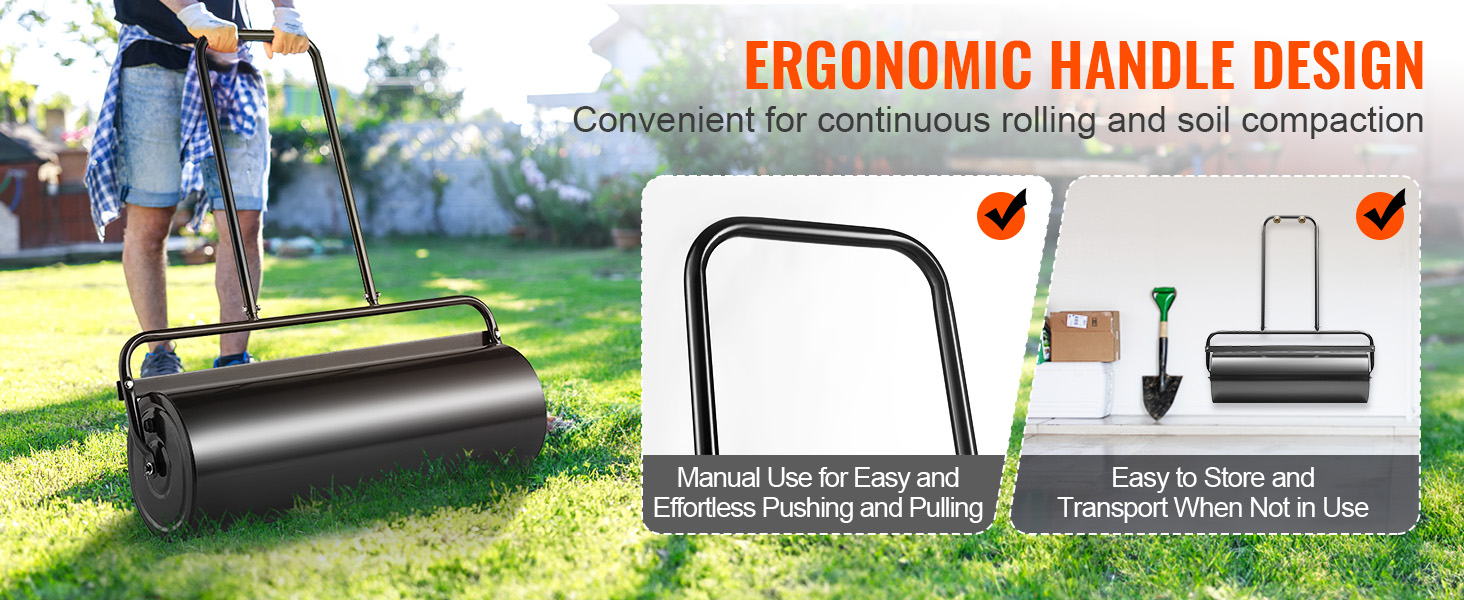 man pushing VEVOR lawn roller on grass, highlighting ergonomic handle for easy push and pull.