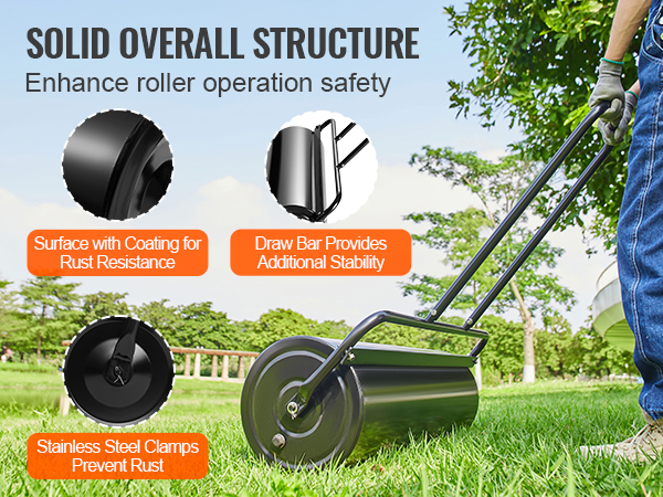 VEVOR lawn roller with rust-resistant coating, stainless steel clamps, and stable draw bar in green park.