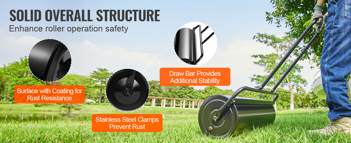 VEVOR lawn roller with rust-resistant coating, stainless steel clamps, and stable draw bar in green park.