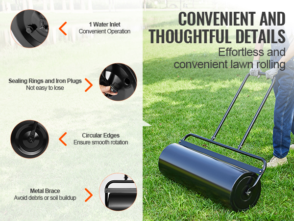 person using VEVOR lawn roller on grass; features include water inlet, sealing rings, iron plugs, circular edges.